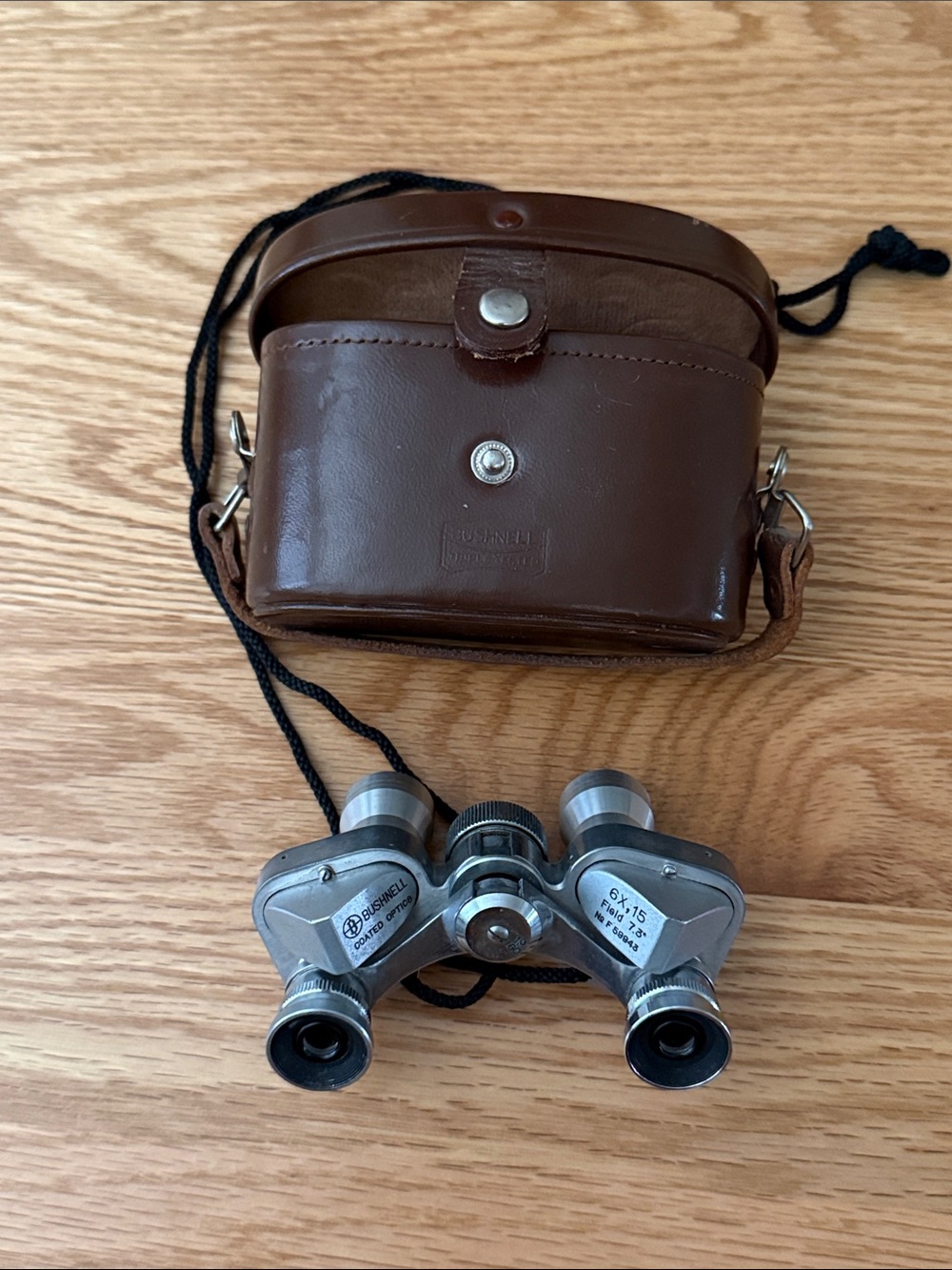 BUSHNELL 6x15 Compact Silver Binoculars with Brown Leather Case